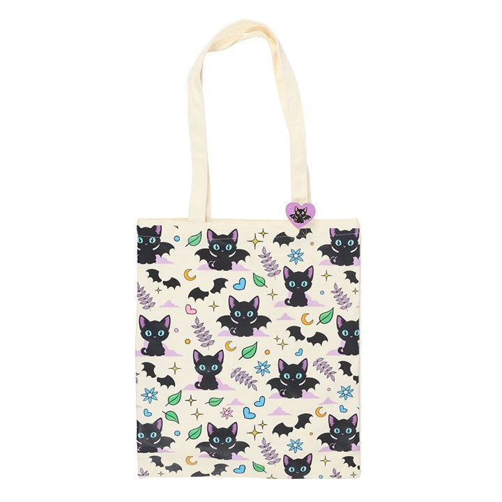 Black Cat Tote Bag with Enamel Pin — Spooky-Cute Polycotton