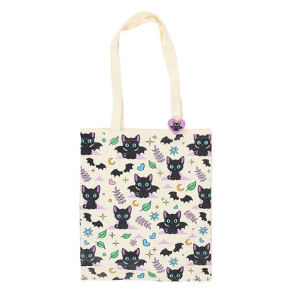 Black Cat Tote Bag with Enamel Pin — Spooky-Cute Polycotton