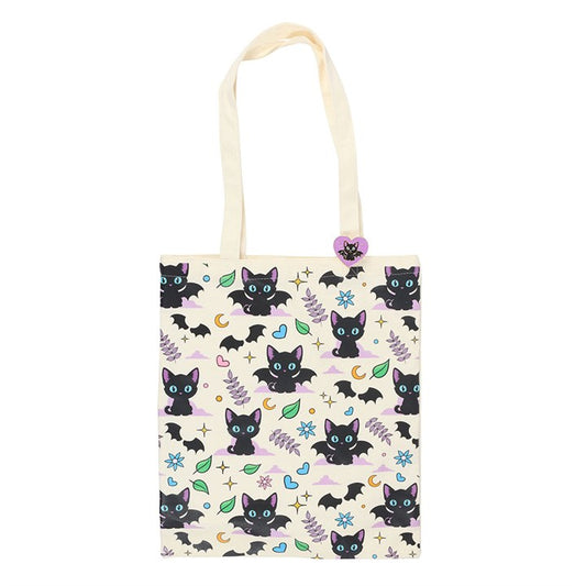 Black Cat Tote Bag with Enamel Pin — Spooky-Cute Polycotton