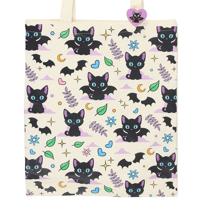 Black Cat Tote Bag with Enamel Pin — Spooky-Cute Polycotton