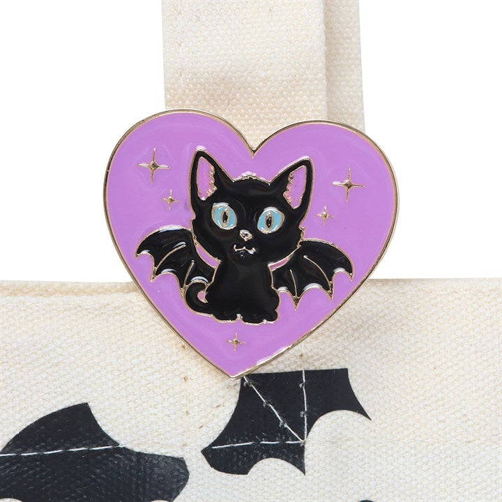 Black Cat Tote Bag with Enamel Pin — Spooky-Cute Polycotton