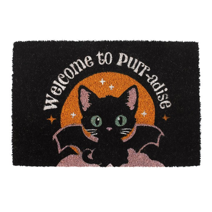 Welcome to Purr-adise Doormat — Black Cat & Bat Wings