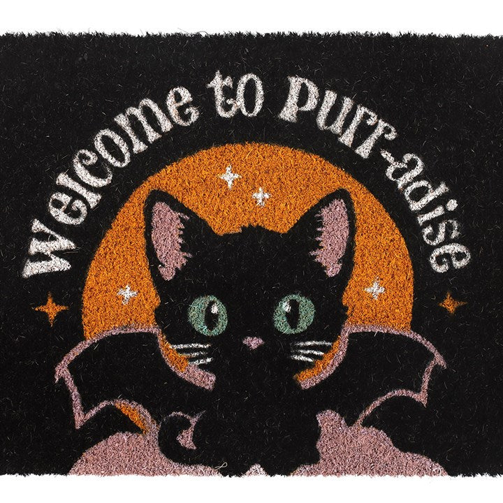 Welcome to Purr-adise Doormat — Black Cat & Bat Wings