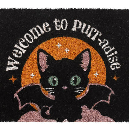 Welcome to Purr-adise Doormat — Black Cat & Bat Wings