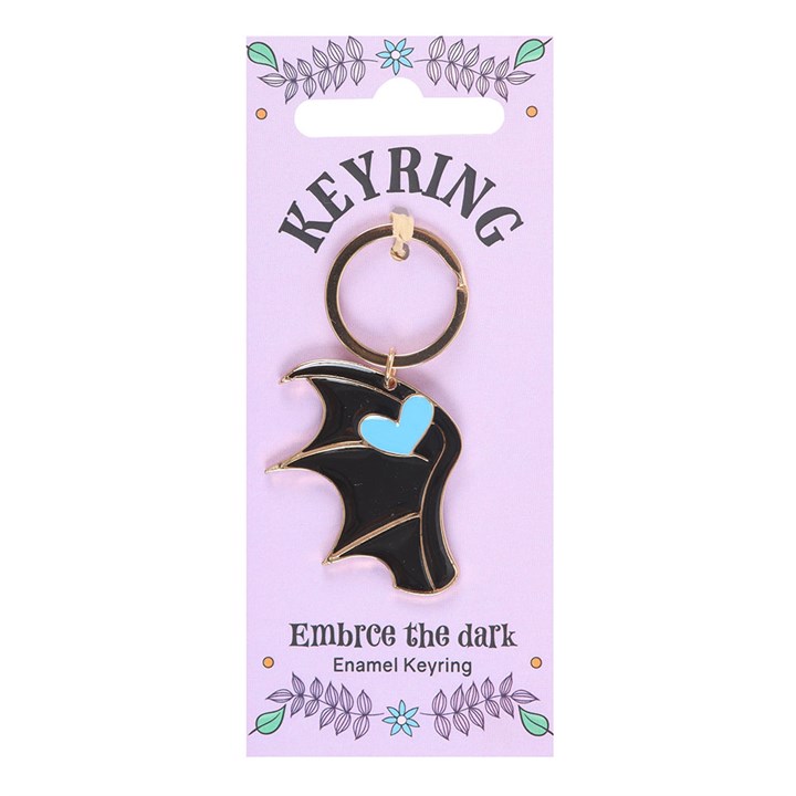Keyring with bat design on a purple card with text