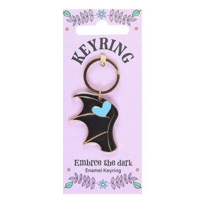 Keyring with bat design on a purple card with text