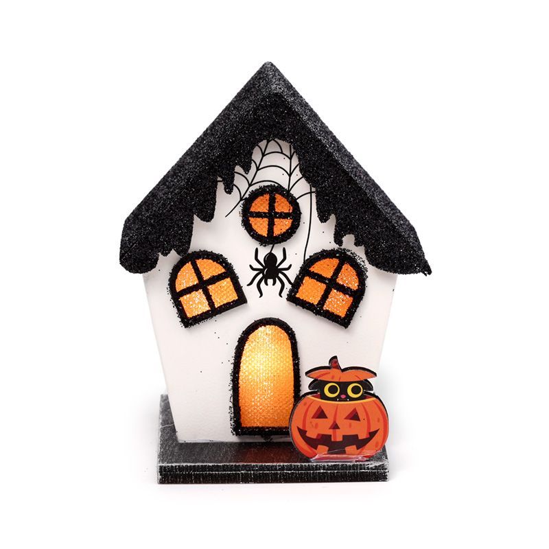 Cobweb-kissed haunted house décor with warm LED glow. MDF & card, glitter roof, spider web windows and pumpkin owl—perfect for shelves and party tables.