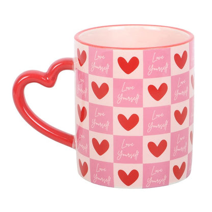 Love Yourself Checkered Mug with Heart Handle