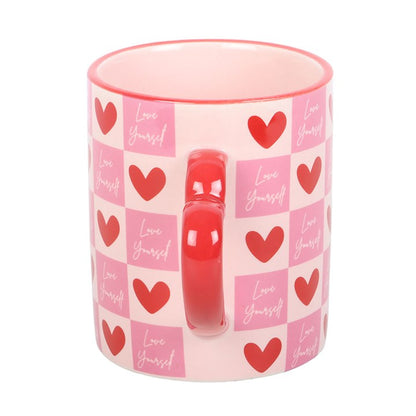 Love Yourself Checkered Mug with Heart Handle
