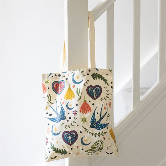 Cream Folk Print Polycotton Tote Bag