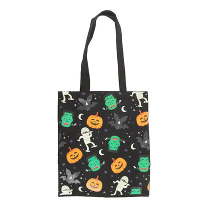 Tote bag with Halloween-themed design featuring pumpkins, ghosts, and bats on a black background.