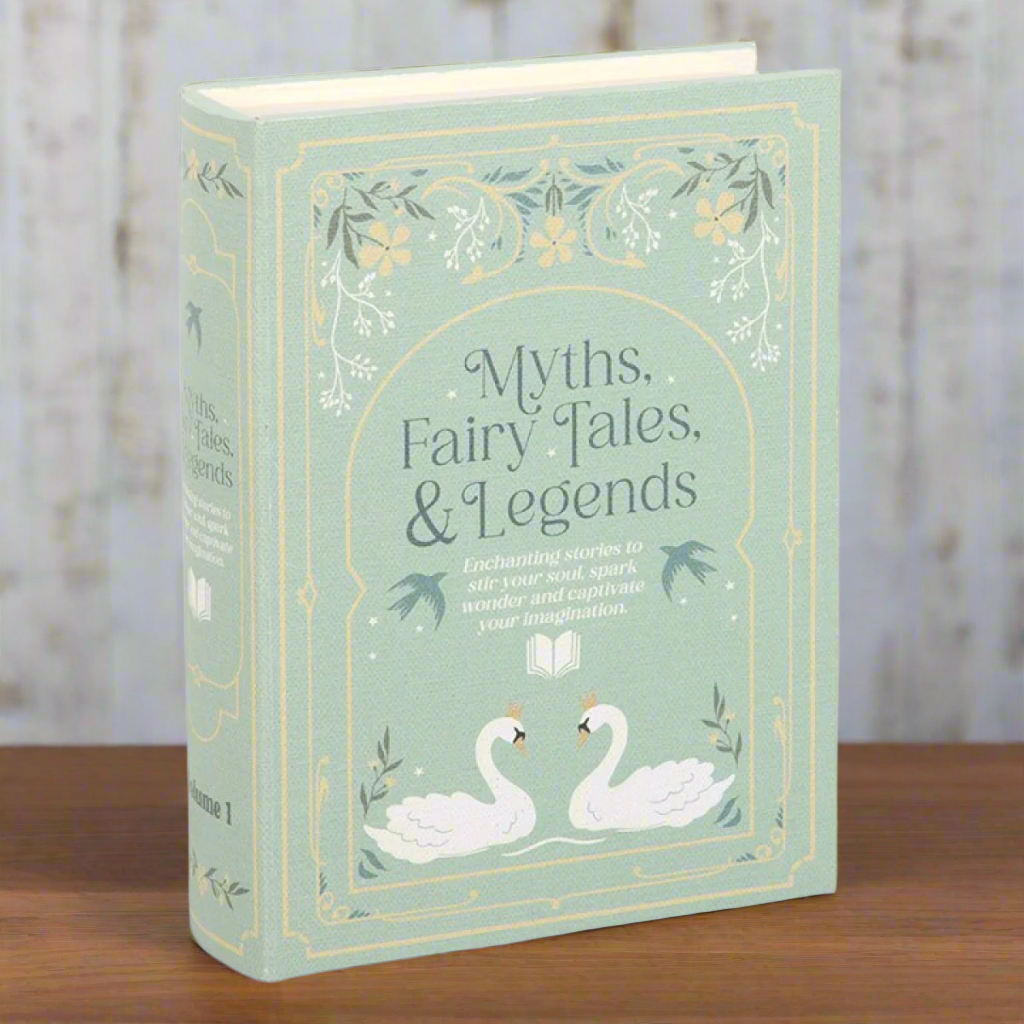 Book titled 'Myths, Fairy Tales, & Legends' with decorative cover featuring swans and floral elements on a light green background - Fae Cottage