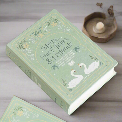 Book titled 'Myths, Fairy Tales & Legends' with decorative cover on a light background. Sage green - Fae Cottage
