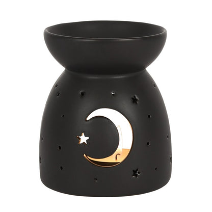 Black Crescent Moon & Star Oil Burner — Matte Ceramic