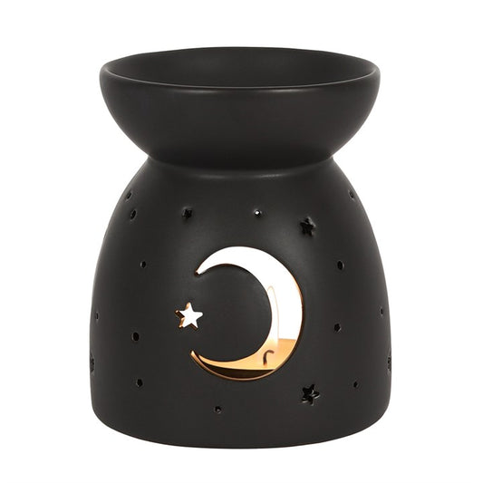 Black Crescent Moon & Star Oil Burner — Matte Ceramic