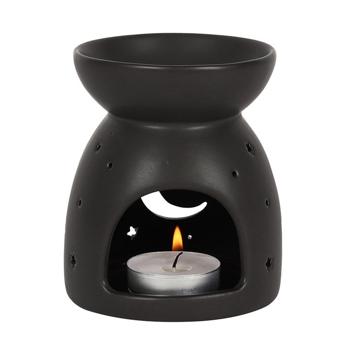 Black Crescent Moon & Star Oil Burner — Matte Ceramic