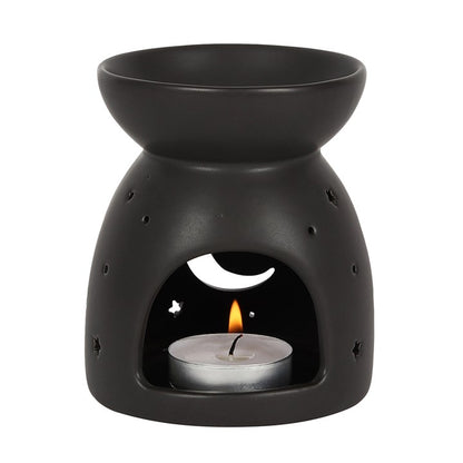 Black Crescent Moon & Star Oil Burner — Matte Ceramic