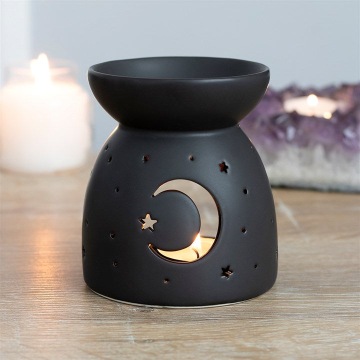 Black Crescent Moon & Star Oil Burner — Matte Ceramic