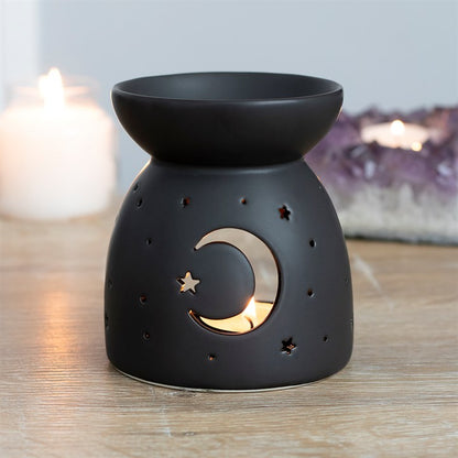 Black Crescent Moon & Star Oil Burner — Matte Ceramic
