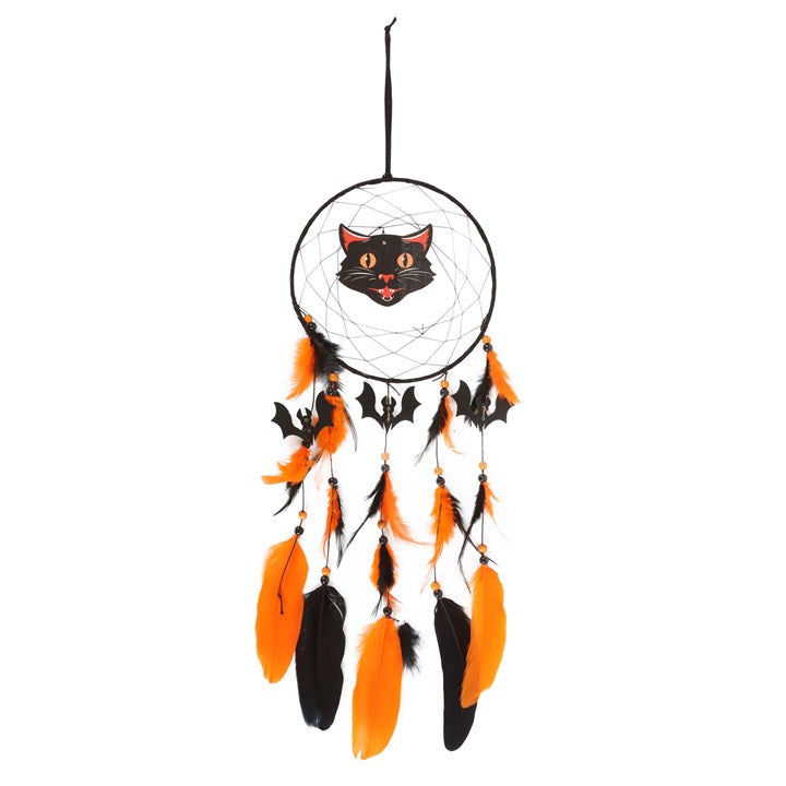 Black Cat & Bats Dreamcatcher — Pumpkin Orange & Ink Black