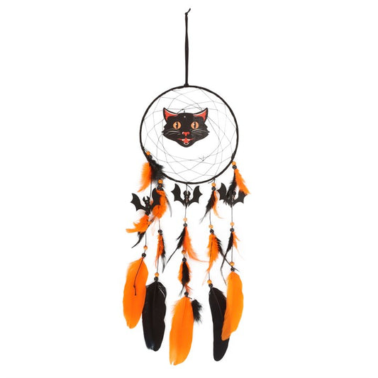 Black Cat & Bats Dreamcatcher — Pumpkin Orange & Ink Black