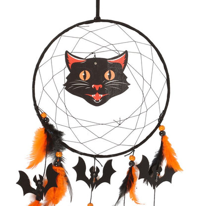 Black Cat & Bats Dreamcatcher — Pumpkin Orange & Ink Black