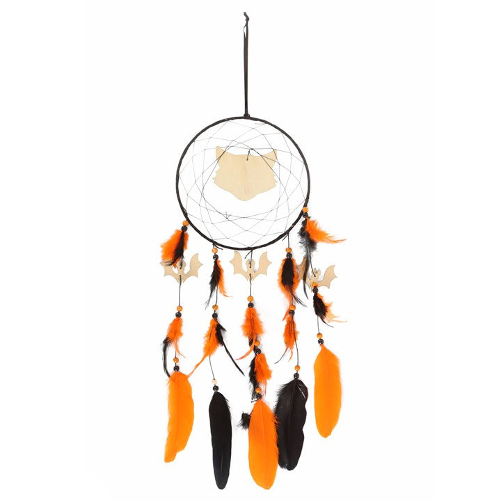 Black Cat & Bats Dreamcatcher — Pumpkin Orange & Ink Black