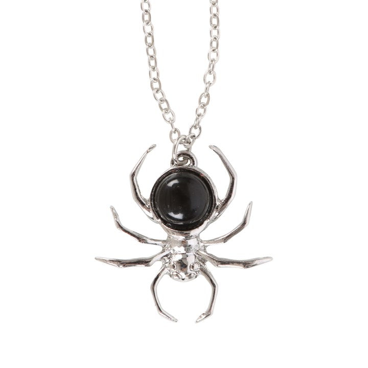 Spider Necklace with Black Obsidian — Stainless Steel