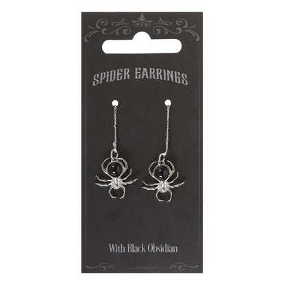 Spider Earrings with Black Obsidian — Stainless Steel