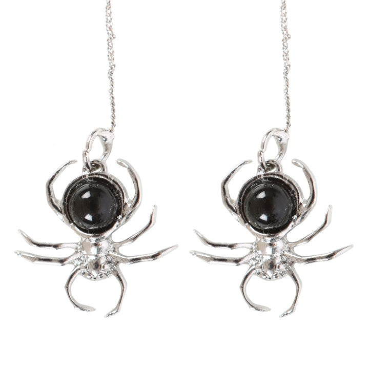 Spider Earrings with Black Obsidian — Stainless Steel