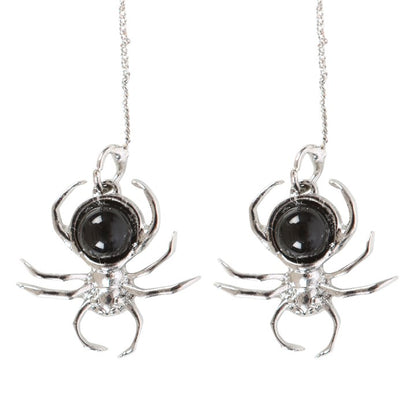 Spider Earrings with Black Obsidian — Stainless Steel