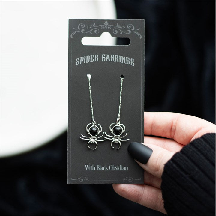 Spider Earrings with Black Obsidian — Stainless Steel