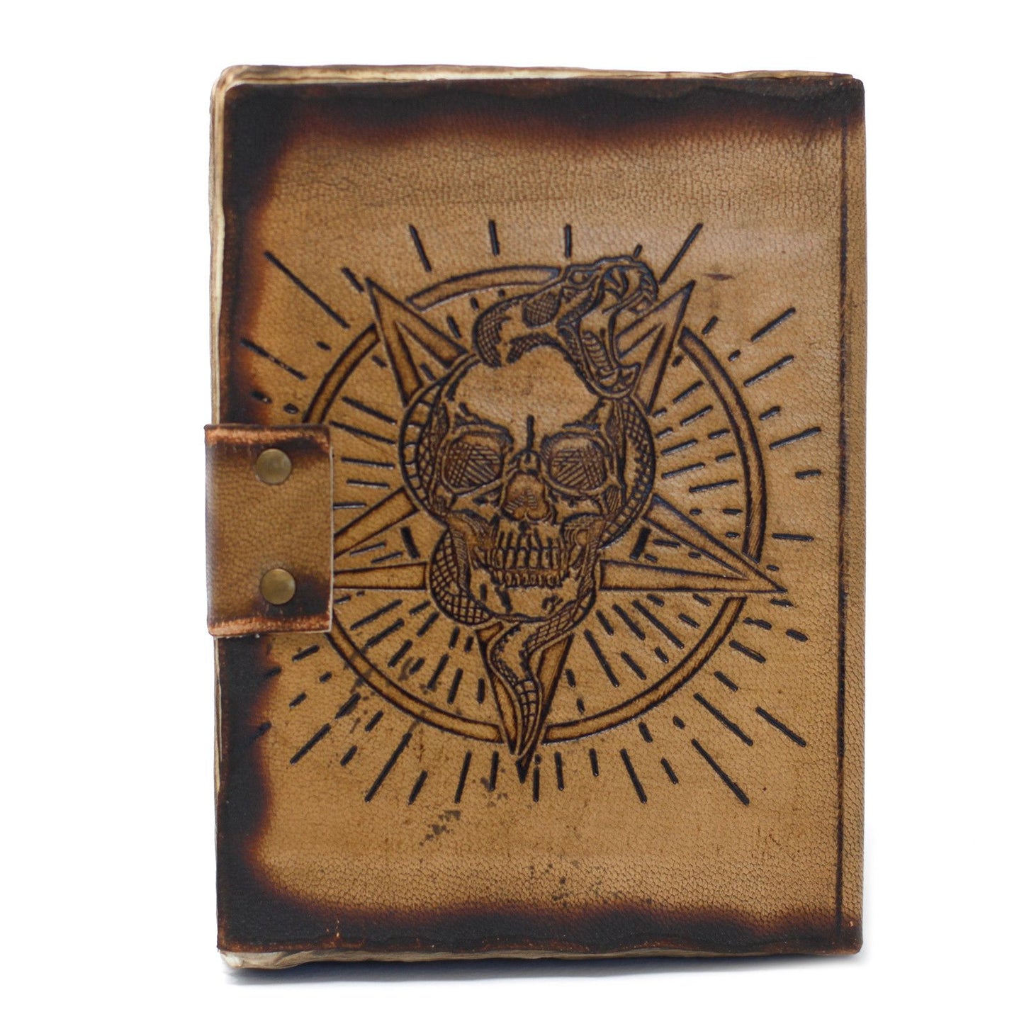 Antiqued Leather Journal — Skull & Serpent, Metal Clasp (200 pages)
