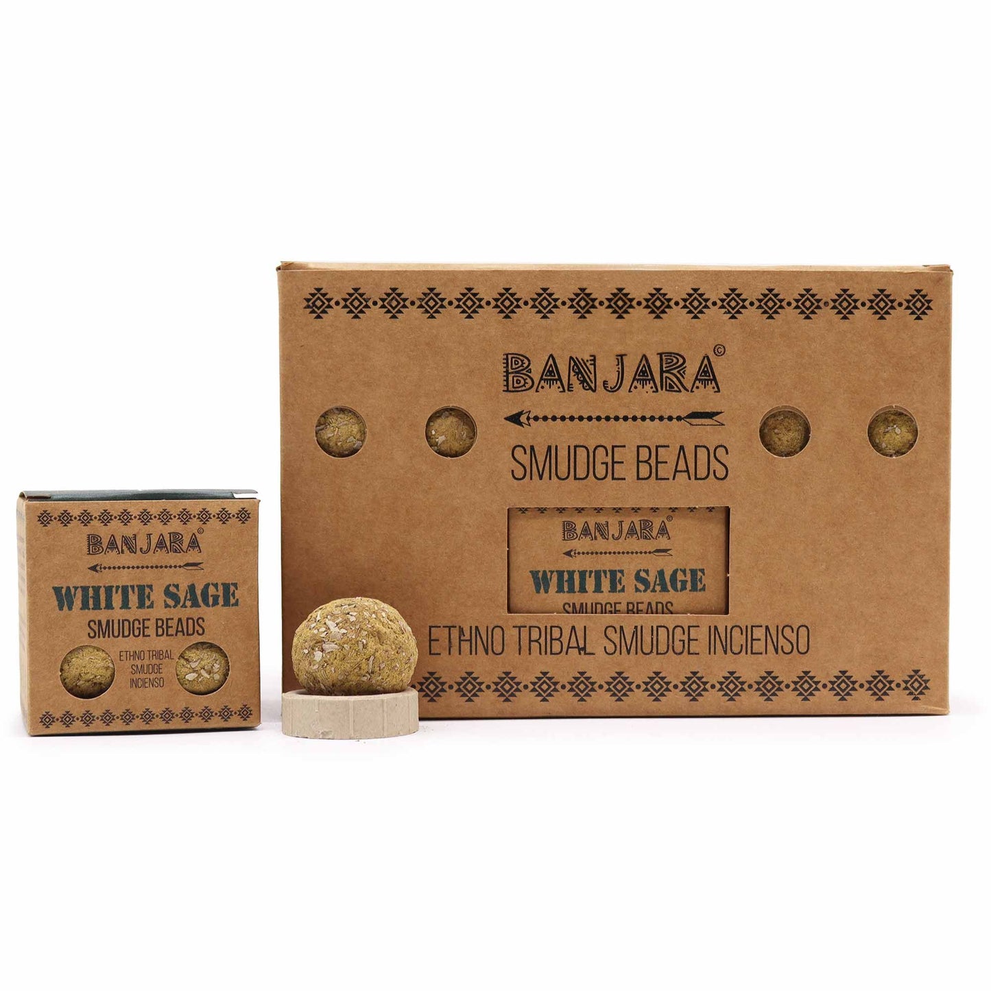 Banjara white sage smudge beads packaging on a white background