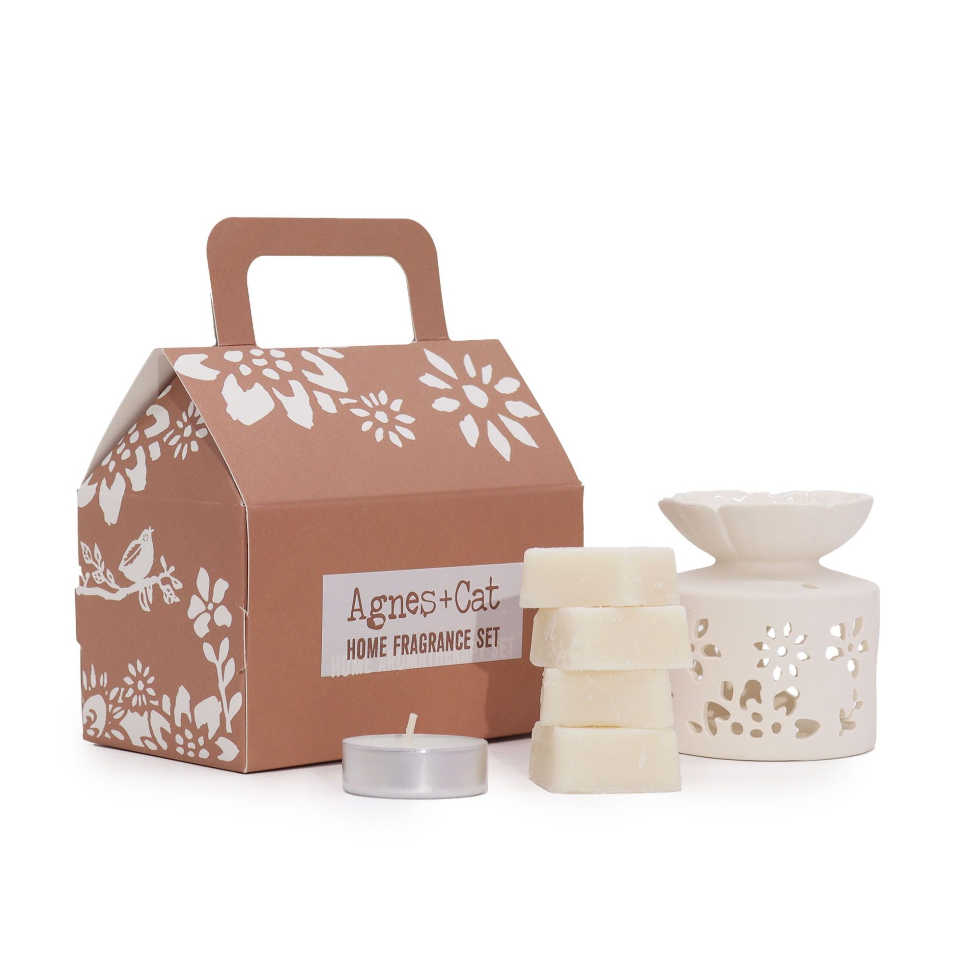 Agnes & Cat home fragrance set with cardboard box, candles, and diffuser on a white background