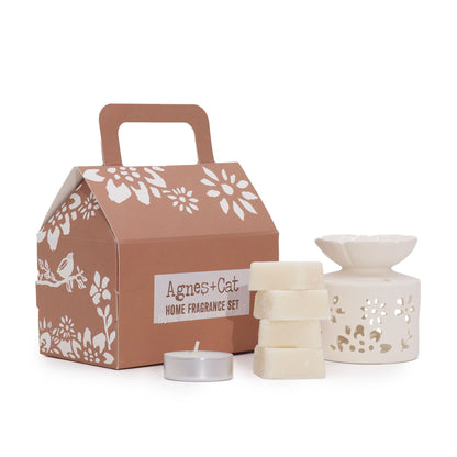 Agnes & Cat home fragrance set with cardboard box, candles, and diffuser on a white background