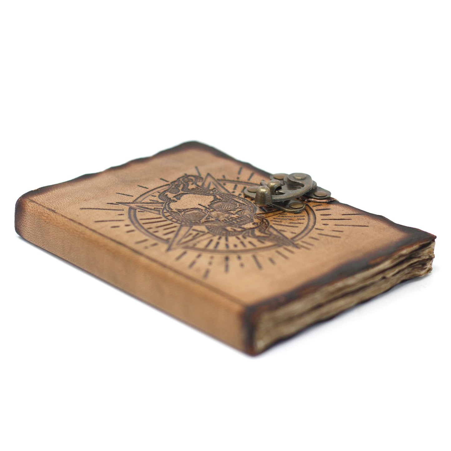 Antiqued Leather Journal — Skull & Serpent, Metal Clasp (200 pages)