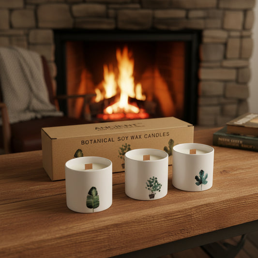 Three white candles with botanical designs on a cardboard box labeled 'Ancient Botanical Soy Wax Candles'.
