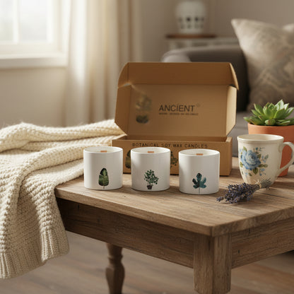 Living room with a wooden coffee table, books, cups, and a plant.