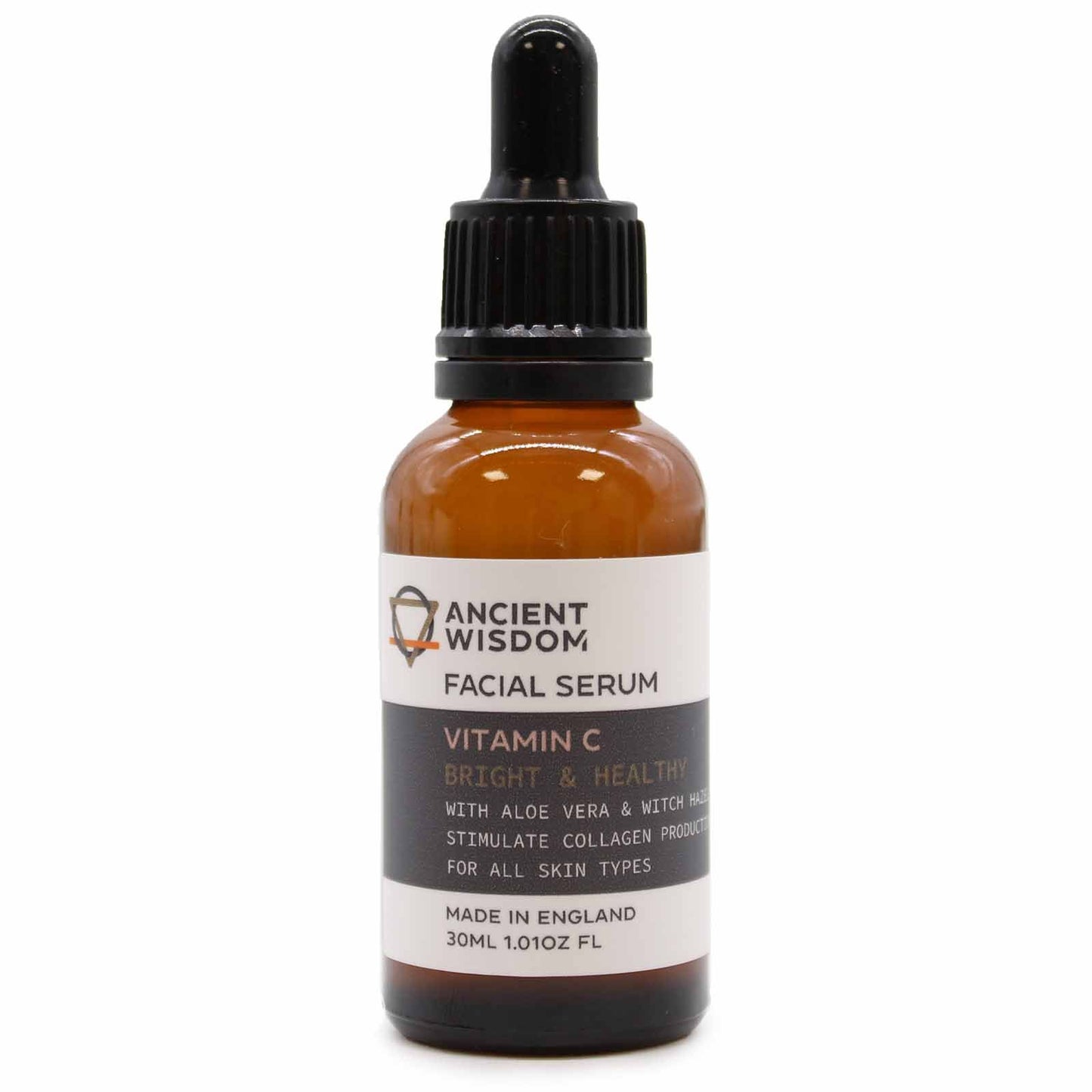 Facial serum bottle with dropper labeled 'Ancient Wisdom' on a white background