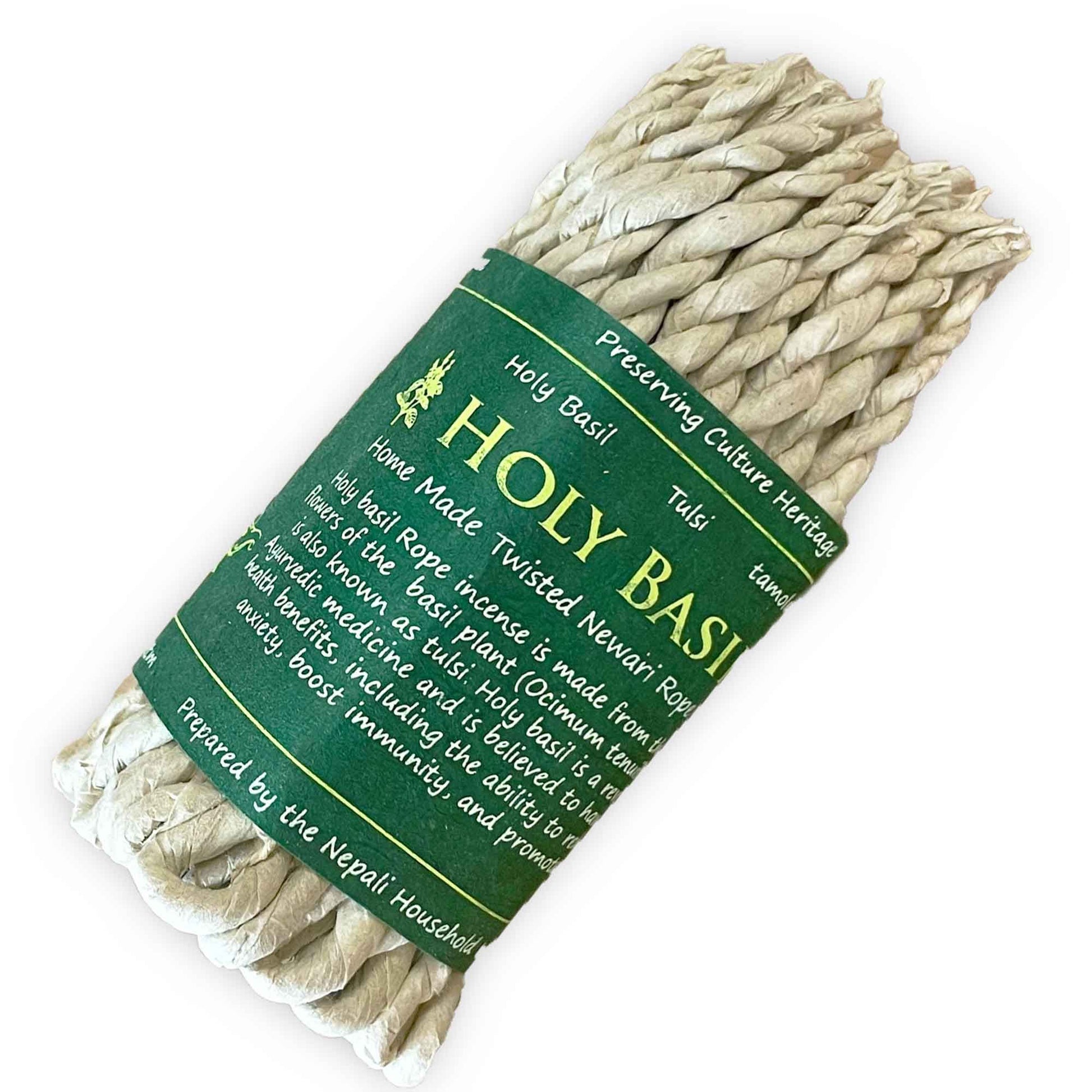 Packaged Holy Basil rope with a green label on a white background