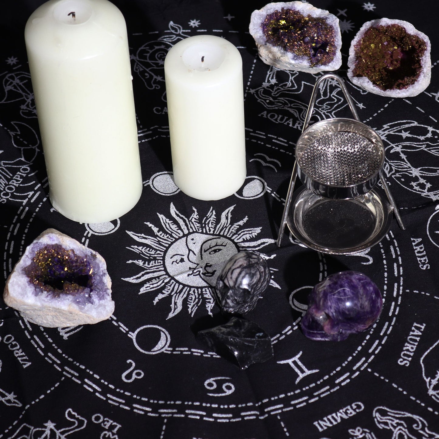 Esoteric Fringed Altar Cloth — Horoscope Wheel