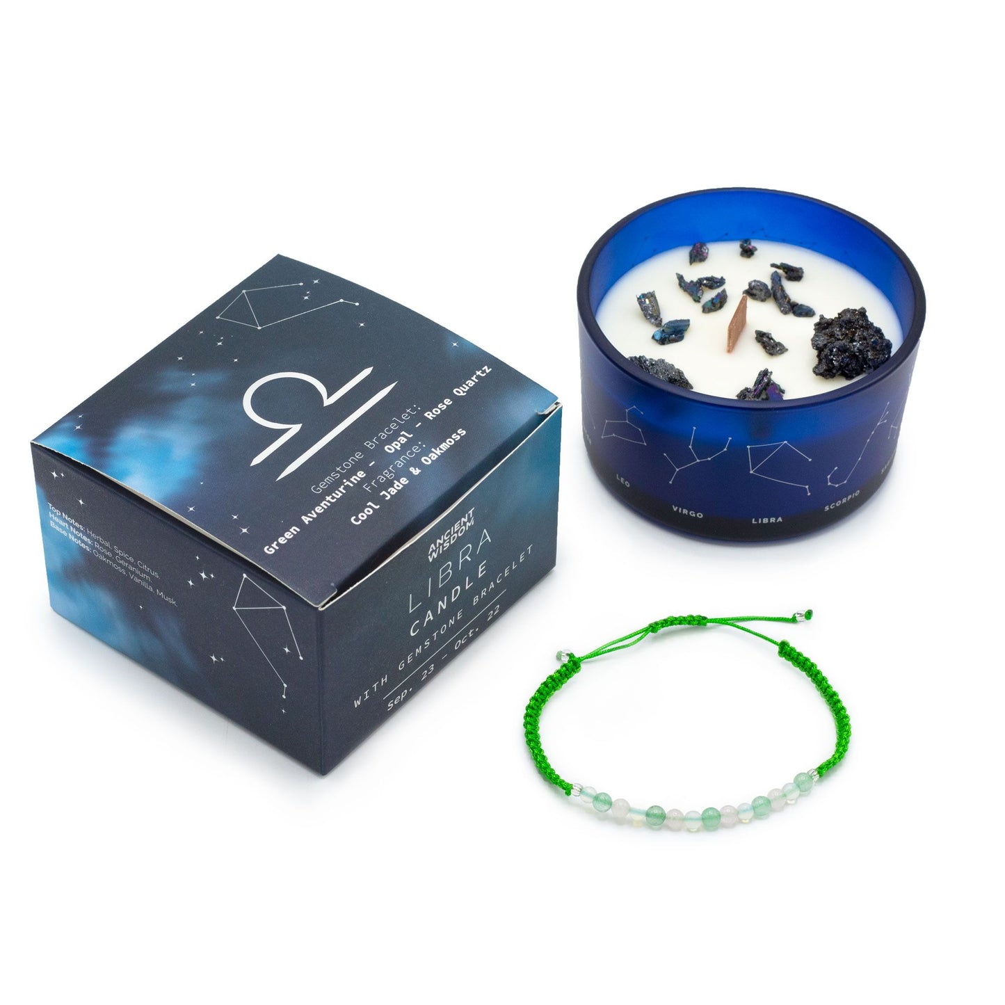 Libra Zodiac Crystal Candle & Bracelet — Cool Jade & Oakmoss