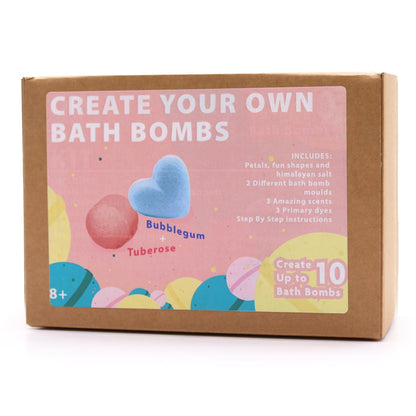 Box for creating bath bombs with colorful packaging and text on a white background