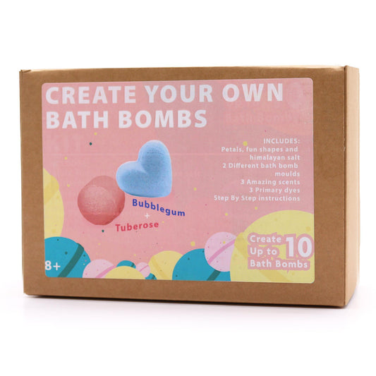 Box for creating bath bombs with colorful packaging and text on a white background