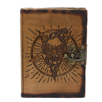 Antiqued Leather Journal — Skull & Serpent, Metal Clasp (200 pages)