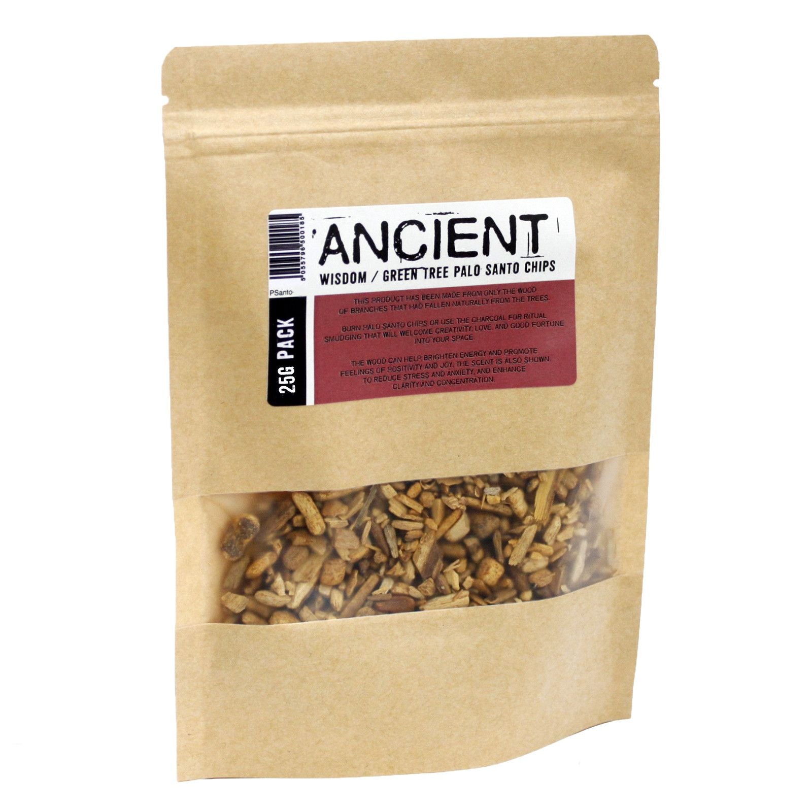 Kraft paper packaging with 'Ancient Wisdom' label containing Palo Santo chips on a white background