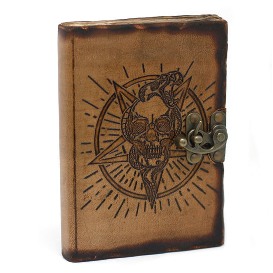 Antiqued Leather Journal — Skull & Serpent, Metal Clasp (200 pages)