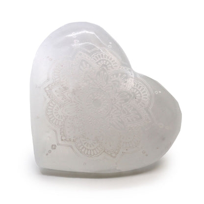 Selenite Heart (7–8 cm) — Mandala Engraved Moonlight