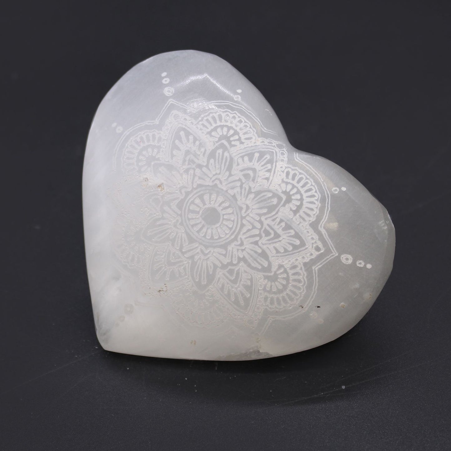 Selenite Heart (7–8 cm) — Mandala Engraved Moonlight
